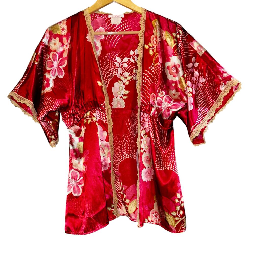 Vintage Halo Kimono Cardigan Satin Floral Red Medium Lace Trim Y2K Made in USA